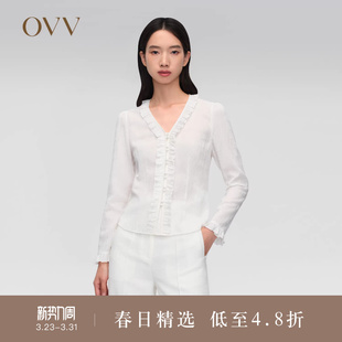 衬衫 弹力丝棉混纺花边V领泡泡肌理长袖 女装 OVV春夏热卖