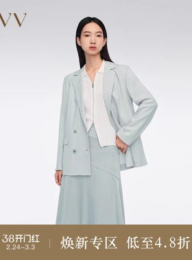 OVV春夏热卖女装经典双排扣平驳领醋酸仿麻西服外套