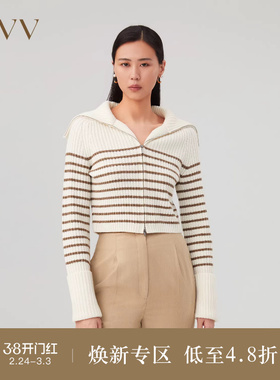 OVVOutlet秋冬新款女装羊毛羊绒条纹大翻领休闲感短款针织外套