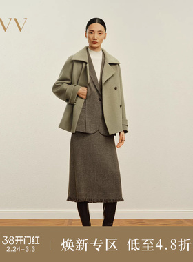 OVVOutlet秋冬热卖女装简约时髦翻领短款保暖羊毛双面呢大衣