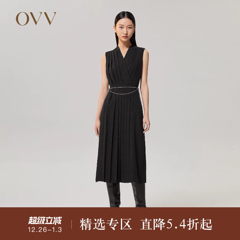 OVVOutlet【日本进口三醋酸】秋冬新女重工百褶小黑裙无袖连