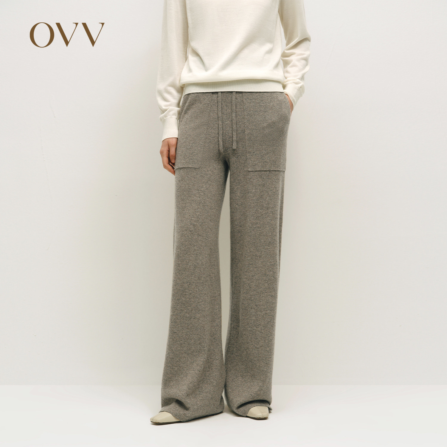 OVVOutlet秋冬热卖女装经典系带保暖休闲针织阔腿羊绒裤