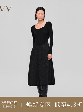 OVVOutlet秋冬新款女装金属丝点缀伞裙收腰长袖休闲针织连衣裙