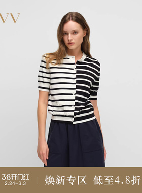 OVV2025春夏新款女装不对称海军风条纹圆领短袖休闲针织衫