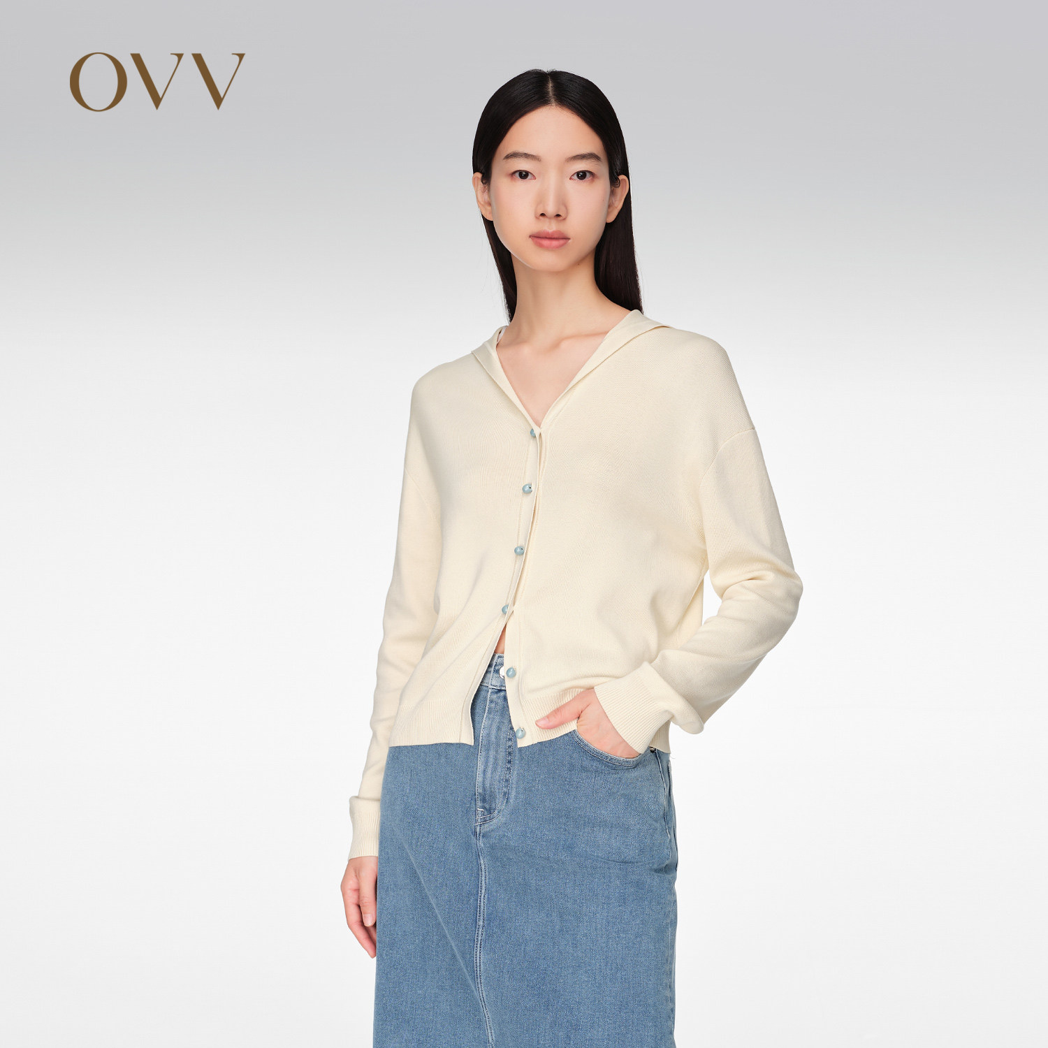 OVV春夏热卖女装丝棉混纺简约舒适海军领长袖针织外套