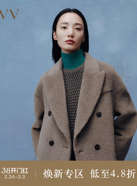 OVVOutlet秋冬女装意大利进口羊毛戗驳领宽松双排扣大衣