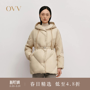 连帽随附腰带直筒保暖羽绒服 中长款 OVVOutlet秋冬热卖 女装