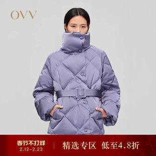 OVV秋冬热卖女装光泽感缎面菱形格高领白鹅绒直筒羽绒服