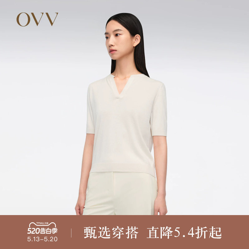 OVVOutlet春夏热卖女装丝羊绒混纺简约经典基础短袖针织衫