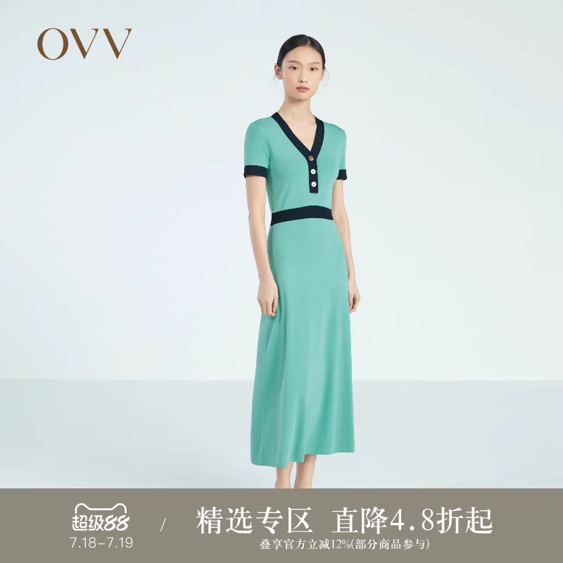OVVA字针织连衣裙复古撞色春夏