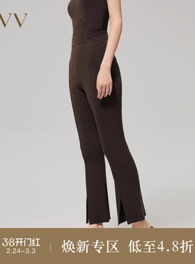 【可机洗黄金羊毛】OVV Outlet秋冬女装开衩微喇罗纹羊毛针织裤