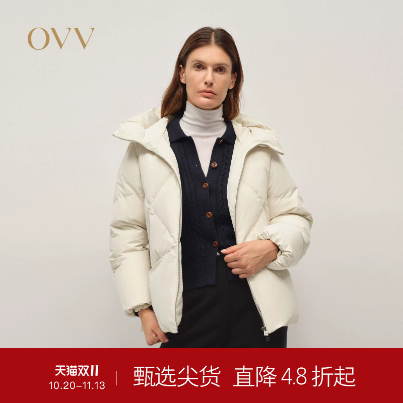 OVV秋冬热卖女装保暖90白鹅绒填充连帽休闲短羽绒服