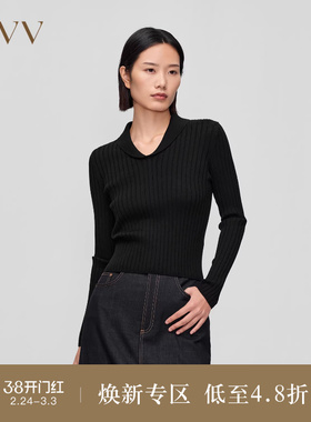 OVVOutlet秋冬新款女装丝羊毛青果领罗纹优雅修身长袖针织衫