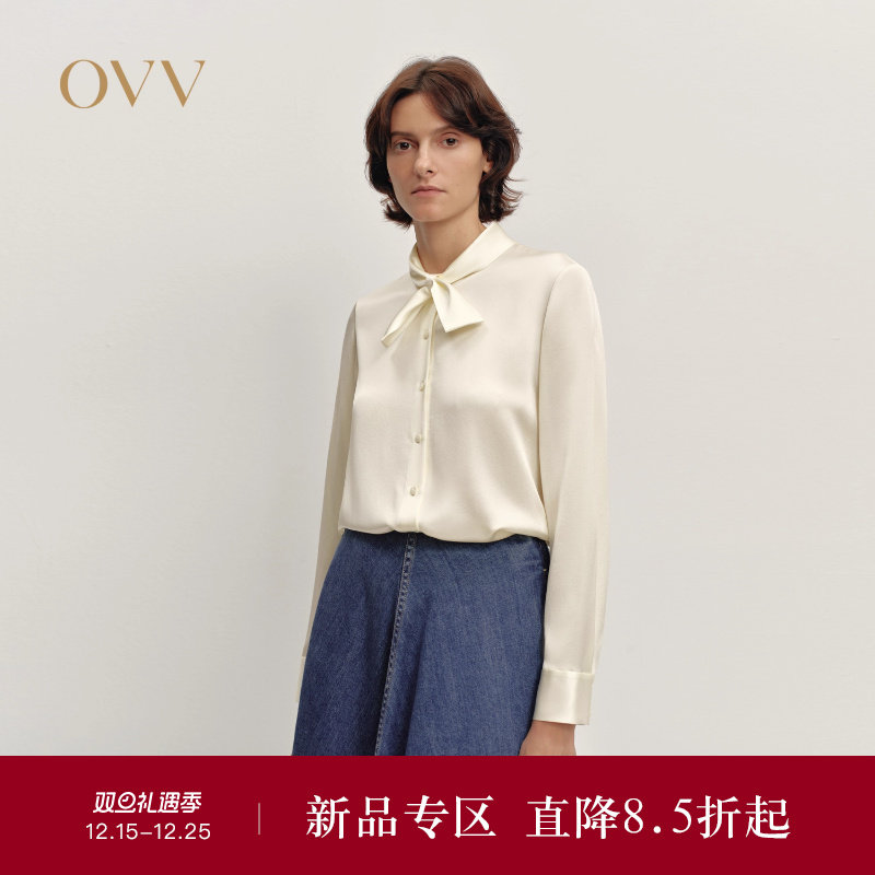 OVV2025秋冬新款女装优雅飘带20MM缎面绉真丝长袖休闲衬衫