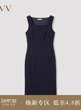 OVV Outlet秋冬女装法式方领竖条纹宽吊带学院风修身无袖背心裙