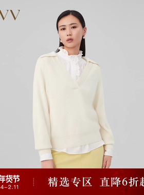 OVVOutlet秋冬新款女装保暖羊绒可脱卸翻领休闲优雅长袖针织衫