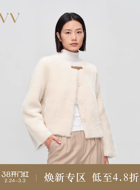 OVV秋冬热卖女装经典圆领舒适保暖羊皮革大衣外套