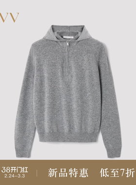 OVV2025秋冬新款女装简洁连帽半开襟彩点设计长袖羊绒衫