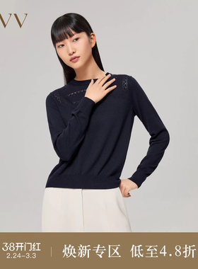 OVVOutlet秋冬女装简单大气圆领镂空知性浪漫长袖针织衫