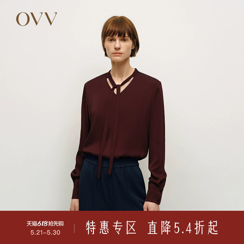 OVV秋冬热卖女装简约V领飘带优雅通勤长袖休闲衬衫