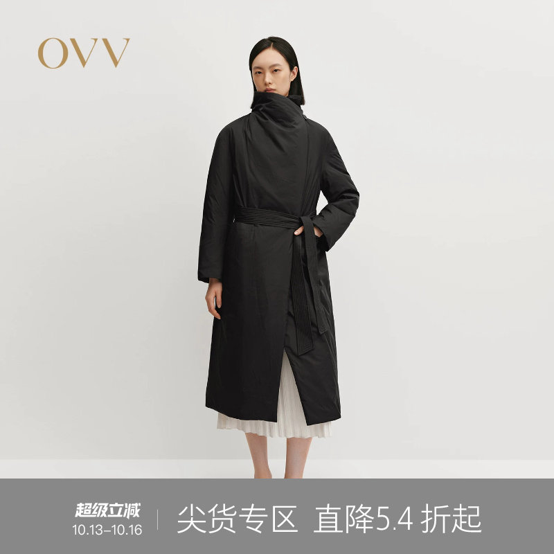 OVVOutlet秋冬热卖热卖女装无绗线可翻折立领中长羽绒服外套