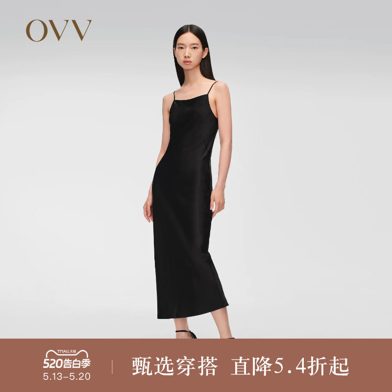【四季通勤】OVVOutlet春夏热卖女经典斜裁吊带小黑裙连衣裙