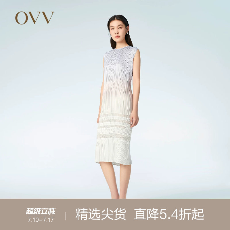 OVV春夏热卖女装渐变印花褶皱肌理感中长款无袖连衣裙