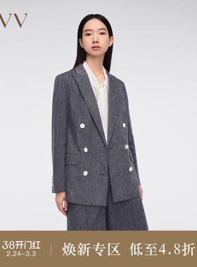 OVV春夏热卖女装韩国进口亚麻混纺双排扣西服外套