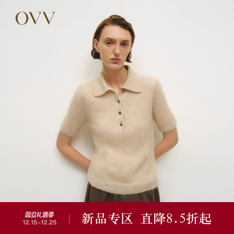 OVVOutlet秋冬热卖女装半开襟POLO领马海毛半透明短袖针