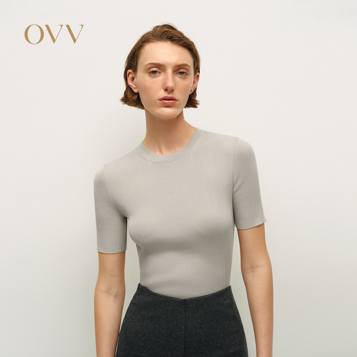 【重磅真丝】OVV秋冬热卖新款女装经典基础圆领短袖针织衫