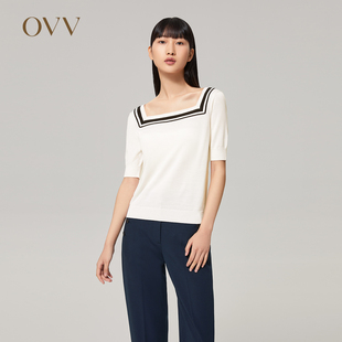 针织衫 OVV 浪漫撞色短袖 Outlet秋冬女装 真丝羊毛复古方领法式