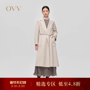 OVV秋冬热卖女装戗驳领配腰绳高支羊毛双面呢长款大衣