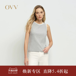OVV2025春夏新款女装圆领无袖撞色边饰棉质修身背心T恤