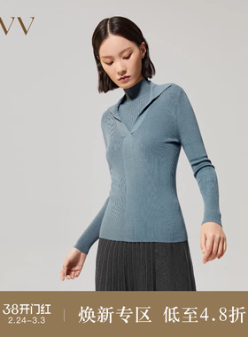 【黄金羊毛】OVV Outlet秋冬女装POLO领修身休闲羊毛长袖针织衫