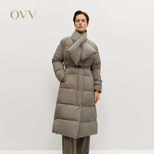OVVOutlet秋冬热卖新款女装大横格绗线可拆卸充绒围巾V领羽绒服