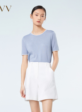 OVV春夏热卖女装丝棉混纺简约经典撞色镶条圆领短袖针织衫