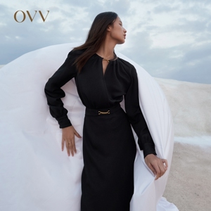 OVVOutlet【日本进口三醋酸】OVV春夏热卖女装斜纹链条长袖连衣裙
