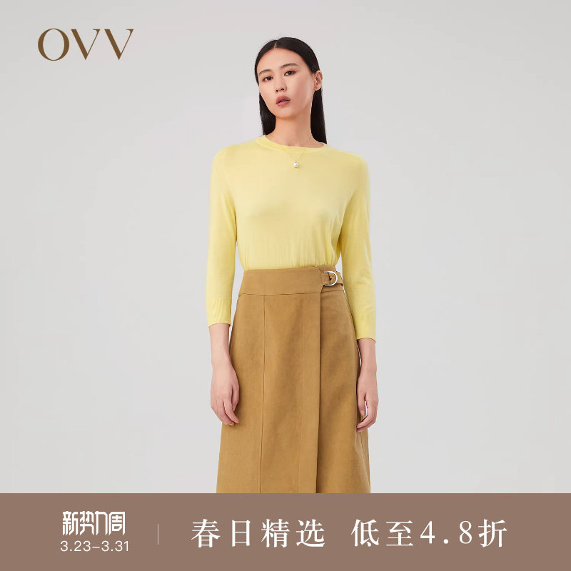 OVV Outlet秋冬新款女装丝羊绒马鞍肩经典圆领七分袖针织衫