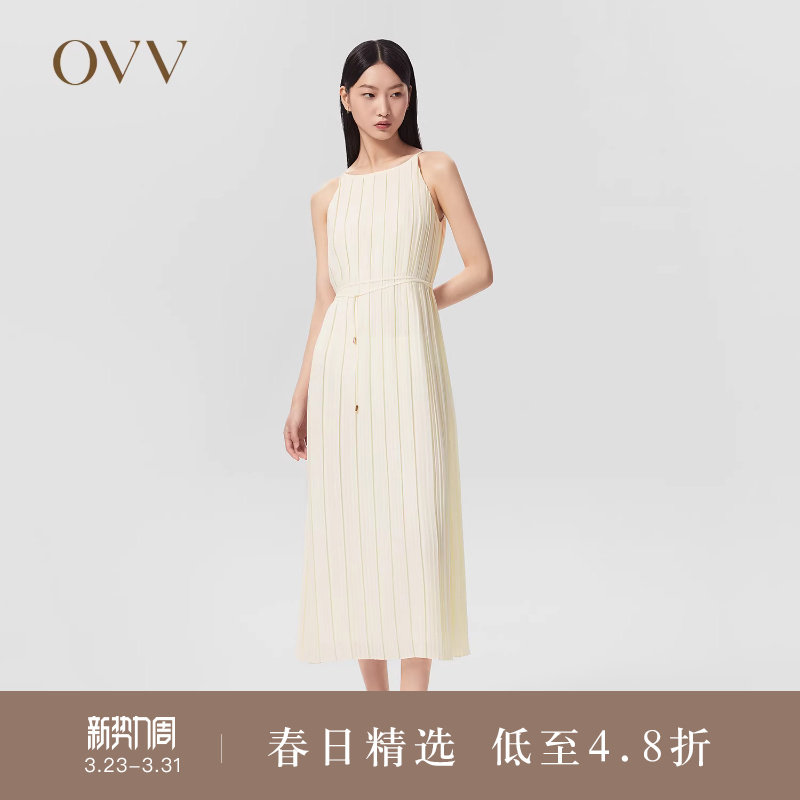 OVVOutlet 春夏热卖女装经典圆领哑光不规则飘逸百褶吊带连