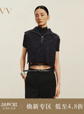 OVVOutlet秋冬热卖女装时髦大翻领半开襟无袖短款针织背心