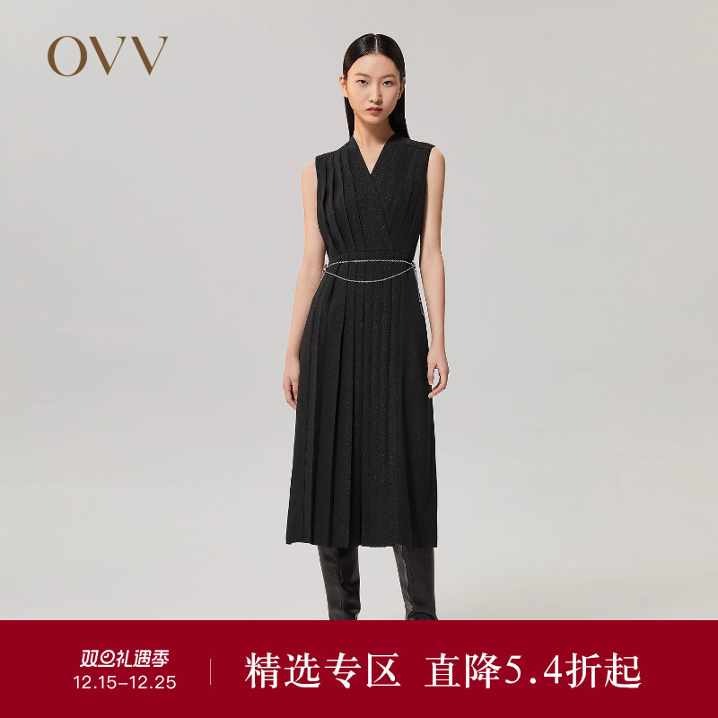 OVVOutlet【日本进口三醋酸】秋冬新女重工百褶小黑裙无袖连