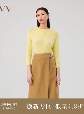 OVV Outlet秋冬新款女装丝羊绒马鞍肩经典圆领七分袖针织衫