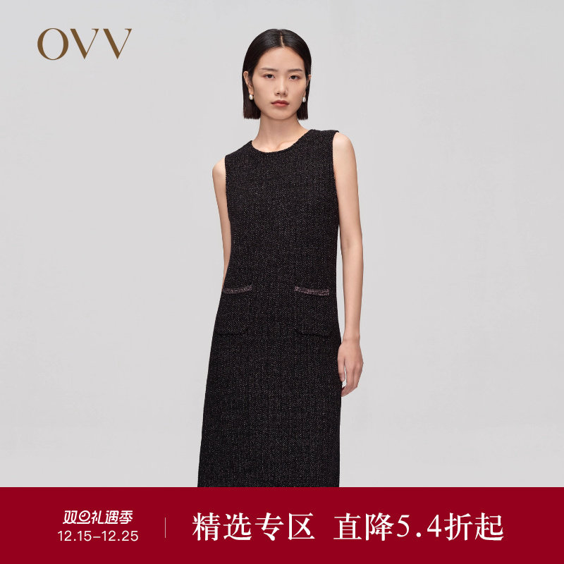 OVV Outlet 秋冬新女黄金羊毛经典无袖针织连衣裙织带优雅