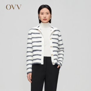 浪漫海军领休闲长袖 羊毛条纹法式 针织外套 女装 OVVOutlet秋冬新款