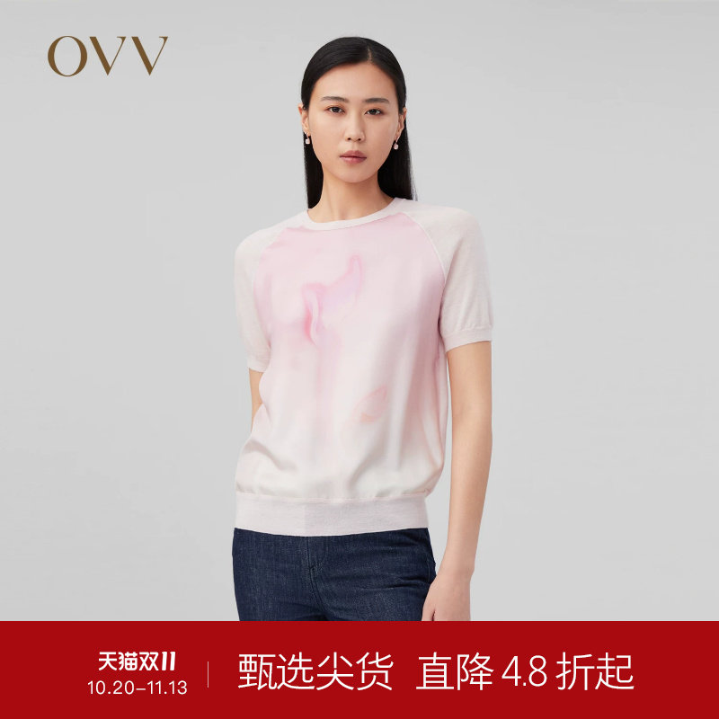 OVVOutlet秋冬热卖女装植物印花真丝斜纹拼接短袖羊毛针织衫