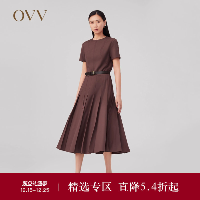 OVVOutlet秋冬新款女装优雅百褶下摆随附撞色腰带短袖连衣裙