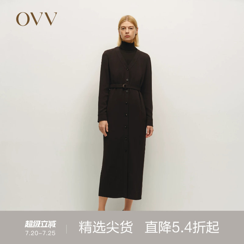 OVVOutlet秋冬热卖女装时尚V领休闲单排扣通勤直筒长袖连衣裙
