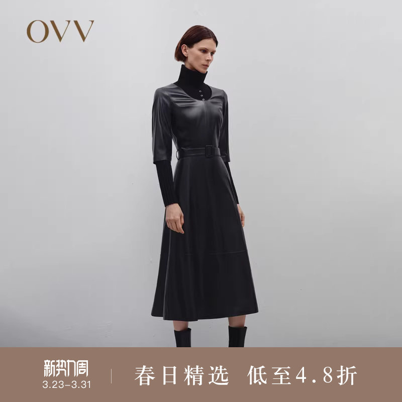 OVV Outlet 秋冬新款女U领中袖随附腰带中长款皮裙小黑裙