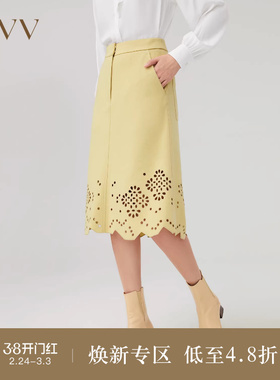 OVVOutlet秋冬新款女装优雅灵动镂空花纹装饰中长款半身裙