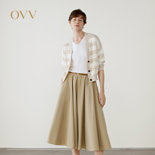 OVV2025春夏新款 女装 优雅V领宽条纹长绒棉长袖 针织开衫
